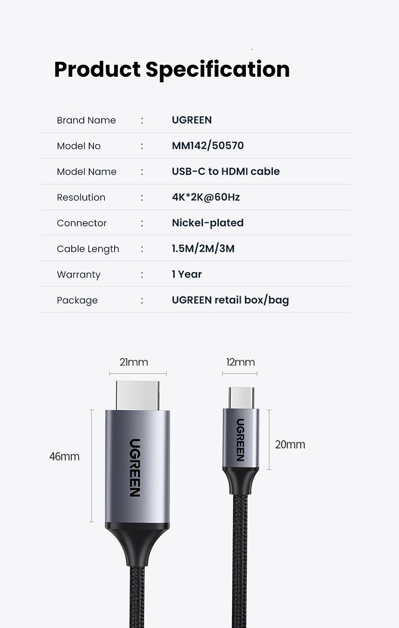 Cáp chuyển đổi USB TypeC sang HDMI, có chíp, 1,5M Ugreen 50570, đen xám